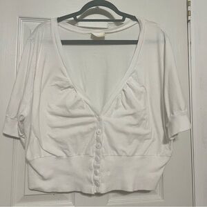 White‎ Button-Up Women's Crop V Neck Cardigan Short Sleeve